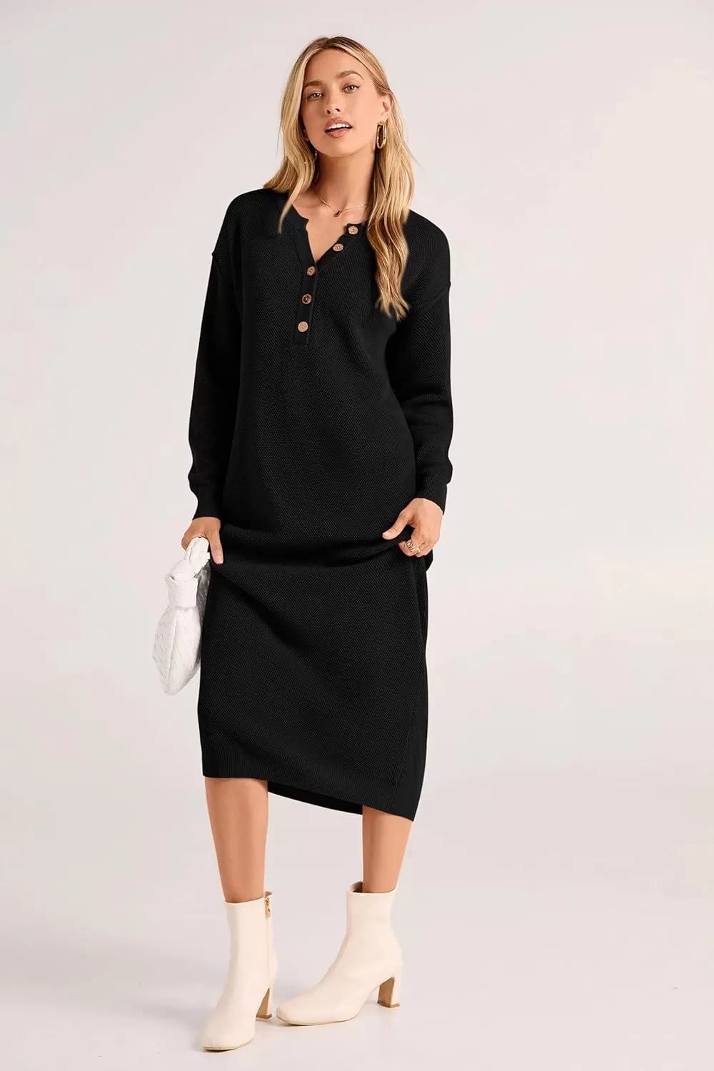 imagePRETTYGARDEN Womens 2024 Fall Knit Sweater Dress Long Sleeve Button V Neck Loose Casual Maxi DressesBlack