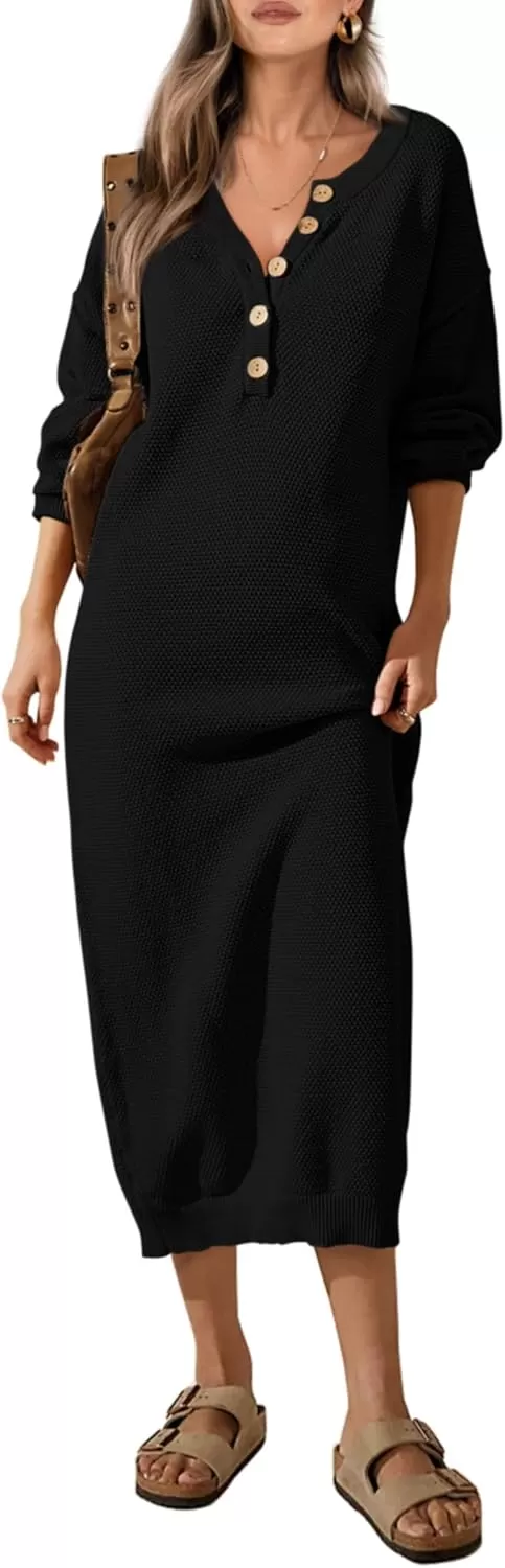 imagePRETTYGARDEN Womens 2024 Fall Knit Sweater Dress Long Sleeve Button V Neck Loose Casual Maxi DressesBlack