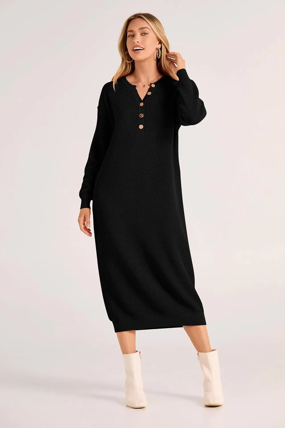 imagePRETTYGARDEN Womens 2024 Fall Knit Sweater Dress Long Sleeve Button V Neck Loose Casual Maxi DressesBlack
