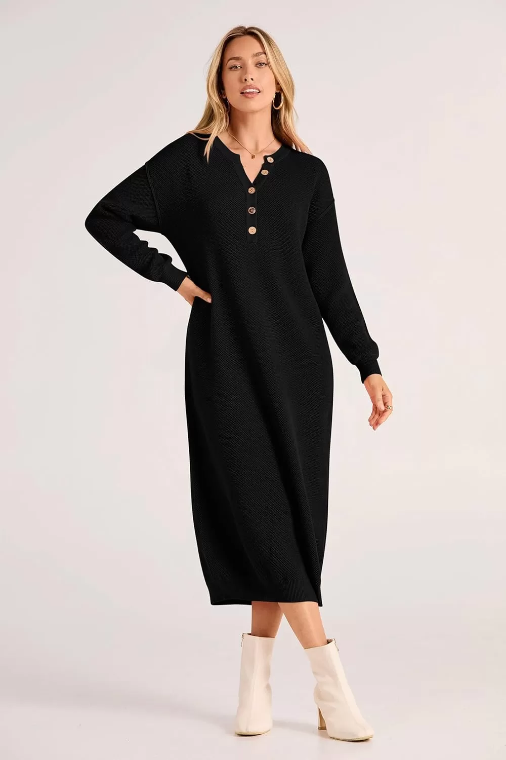imagePRETTYGARDEN Womens 2024 Fall Knit Sweater Dress Long Sleeve Button V Neck Loose Casual Maxi DressesBlack