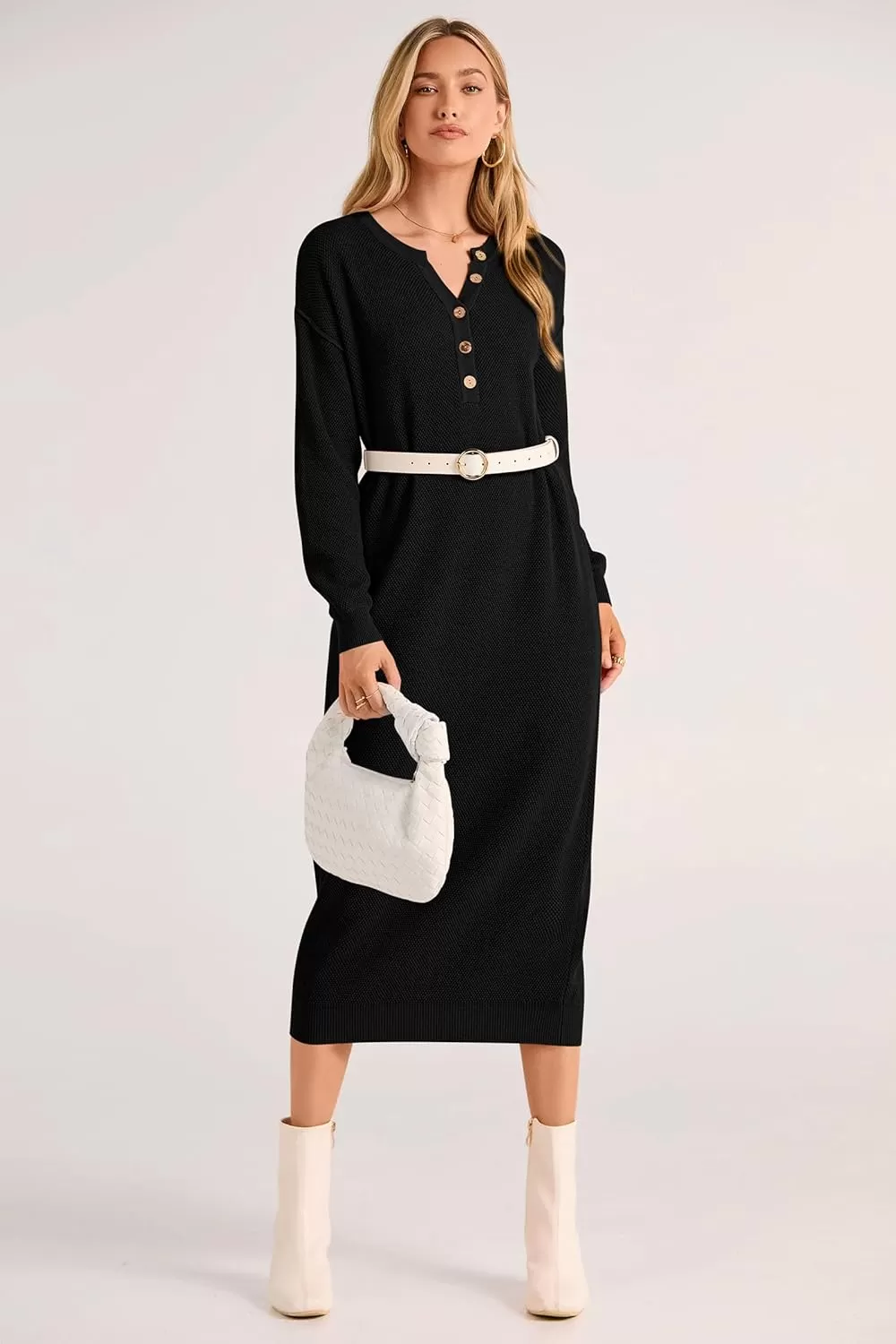 imagePRETTYGARDEN Womens 2024 Fall Knit Sweater Dress Long Sleeve Button V Neck Loose Casual Maxi DressesBlack