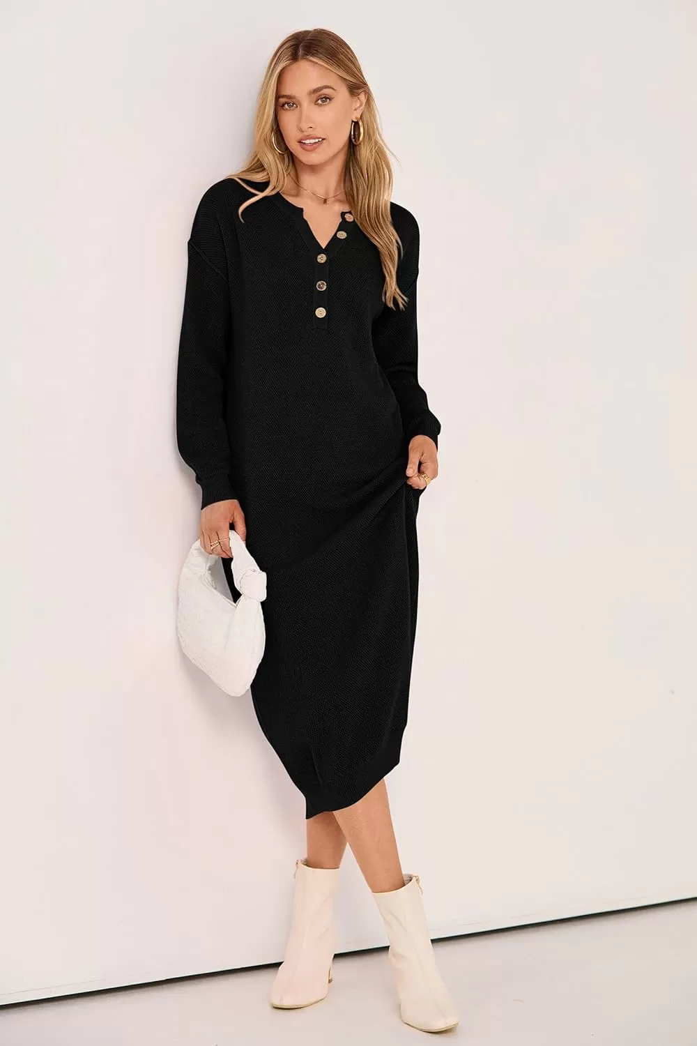 imagePRETTYGARDEN Womens 2024 Fall Knit Sweater Dress Long Sleeve Button V Neck Loose Casual Maxi DressesBlack