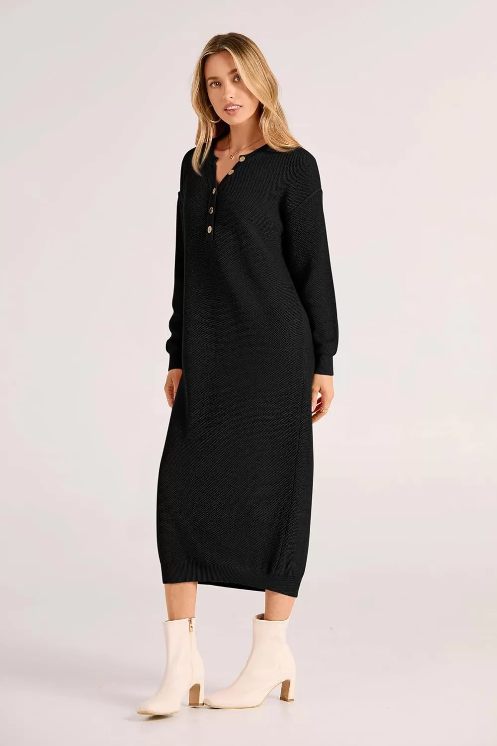 imagePRETTYGARDEN Womens 2024 Fall Knit Sweater Dress Long Sleeve Button V Neck Loose Casual Maxi DressesBlack