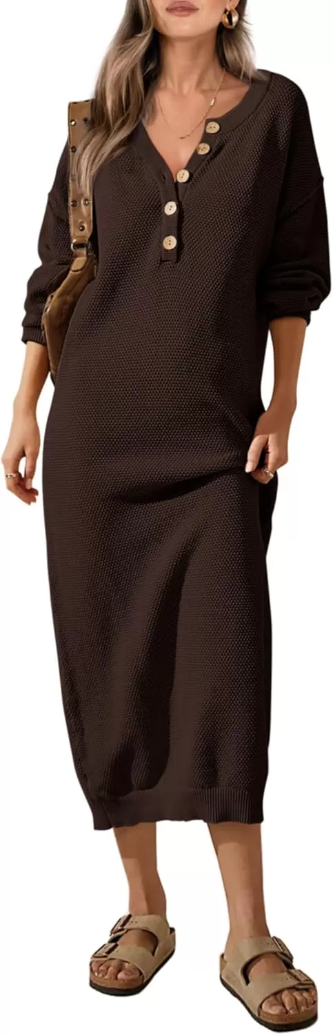imagePRETTYGARDEN Womens 2024 Fall Knit Sweater Dress Long Sleeve Button V Neck Loose Casual Maxi DressesDark Brown