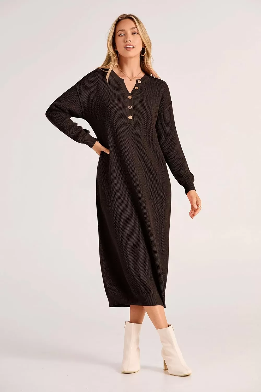 imagePRETTYGARDEN Womens 2024 Fall Knit Sweater Dress Long Sleeve Button V Neck Loose Casual Maxi DressesDark Brown