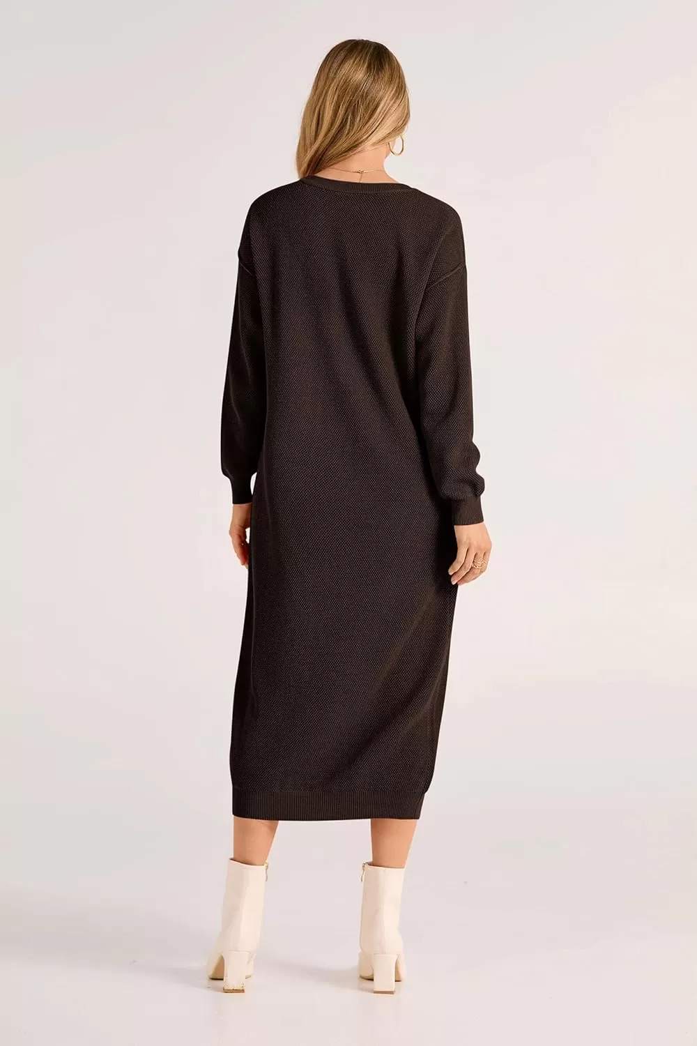 imagePRETTYGARDEN Womens 2024 Fall Knit Sweater Dress Long Sleeve Button V Neck Loose Casual Maxi DressesDark Brown