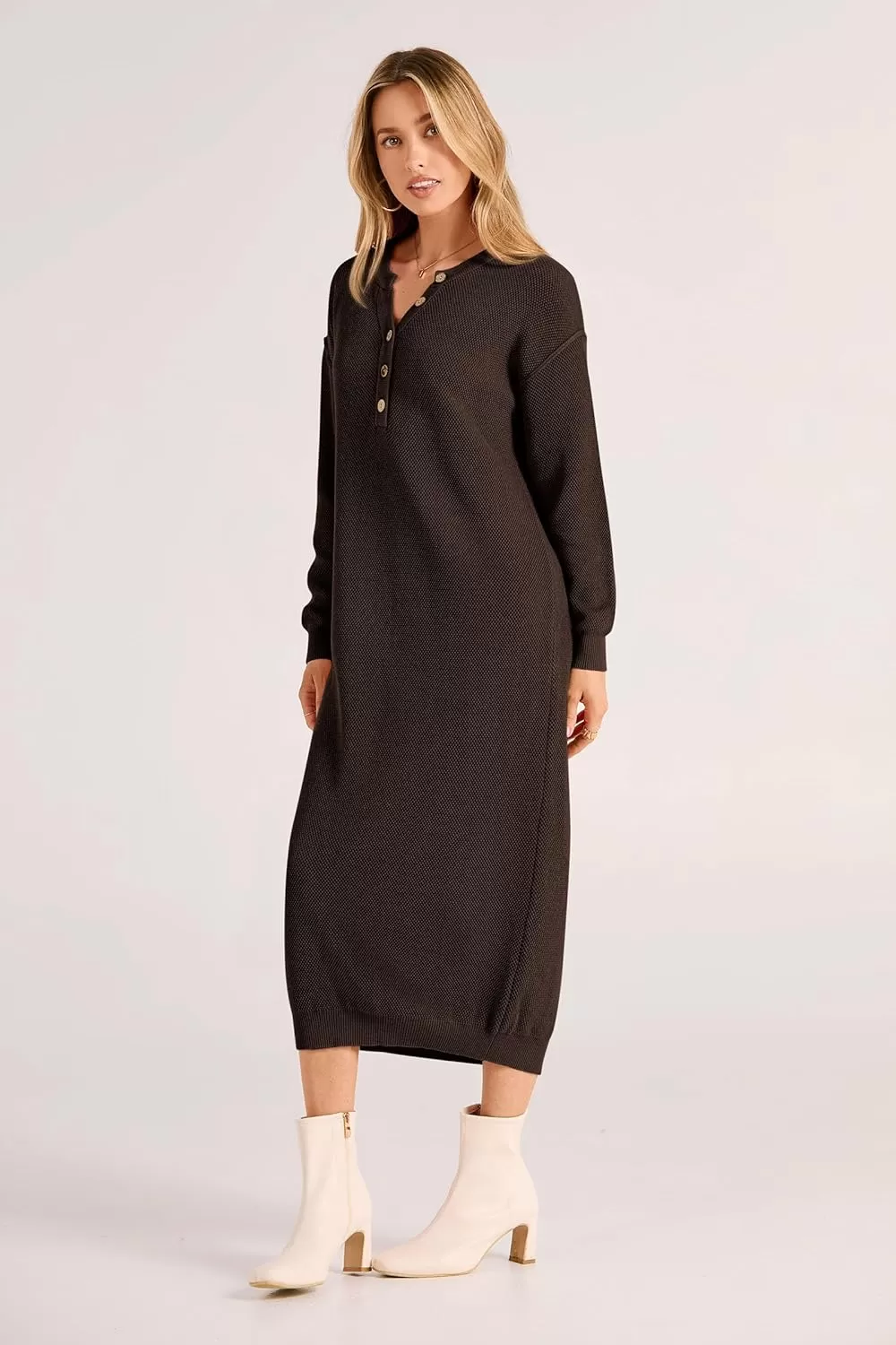 imagePRETTYGARDEN Womens 2024 Fall Knit Sweater Dress Long Sleeve Button V Neck Loose Casual Maxi DressesDark Brown