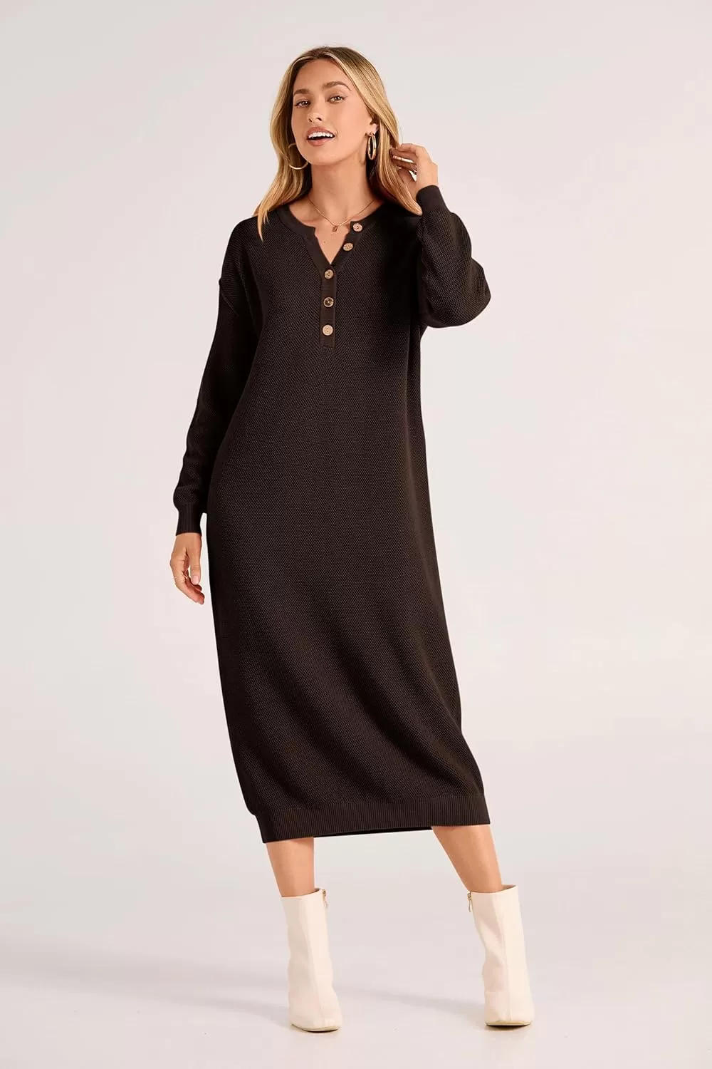 imagePRETTYGARDEN Womens 2024 Fall Knit Sweater Dress Long Sleeve Button V Neck Loose Casual Maxi DressesDark Brown