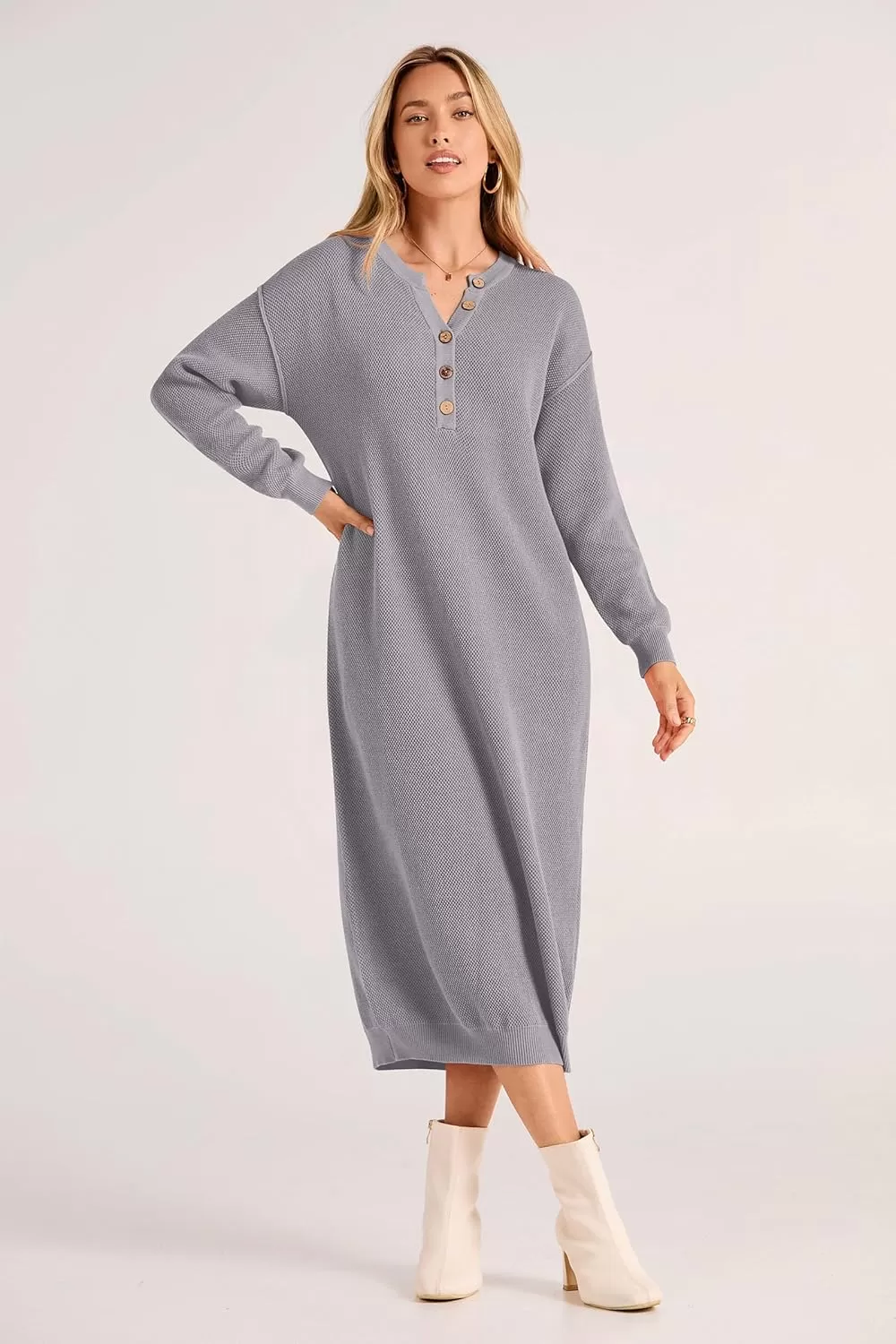 imagePRETTYGARDEN Womens 2024 Fall Knit Sweater Dress Long Sleeve Button V Neck Loose Casual Maxi DressesGrey