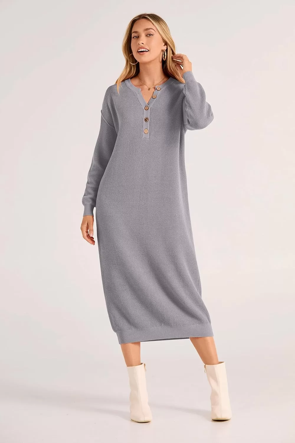 imagePRETTYGARDEN Womens 2024 Fall Knit Sweater Dress Long Sleeve Button V Neck Loose Casual Maxi DressesGrey