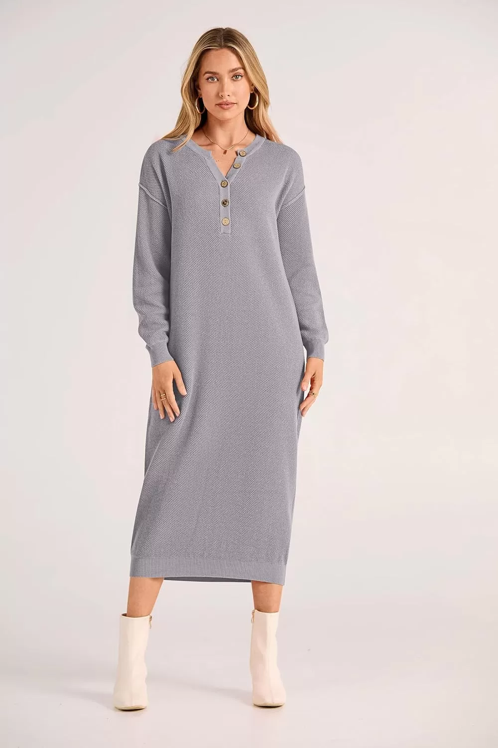 imagePRETTYGARDEN Womens 2024 Fall Knit Sweater Dress Long Sleeve Button V Neck Loose Casual Maxi DressesGrey