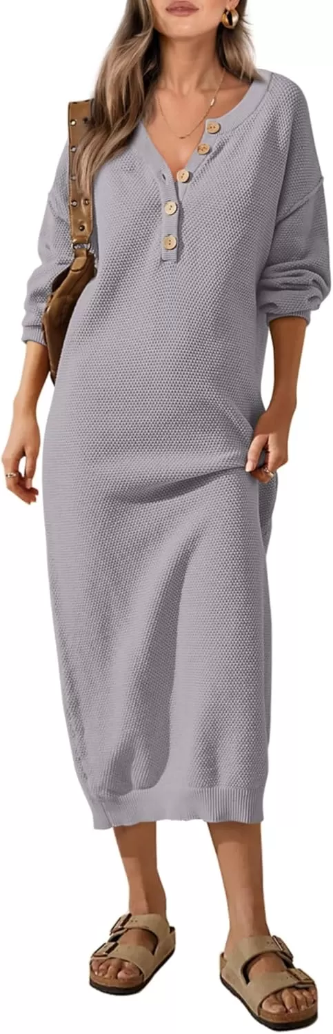 imagePRETTYGARDEN Womens 2024 Fall Knit Sweater Dress Long Sleeve Button V Neck Loose Casual Maxi DressesGrey