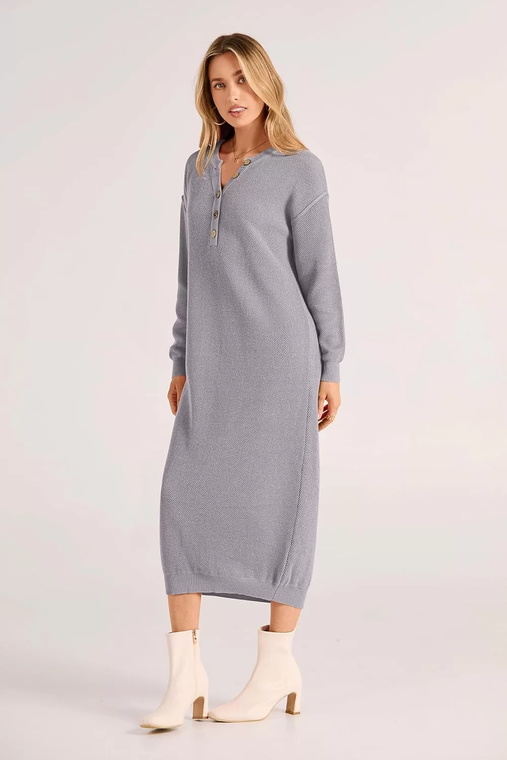 imagePRETTYGARDEN Womens 2024 Fall Knit Sweater Dress Long Sleeve Button V Neck Loose Casual Maxi DressesGrey