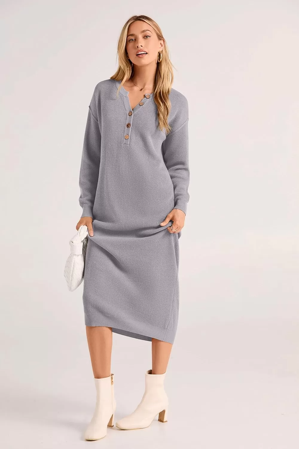 imagePRETTYGARDEN Womens 2024 Fall Knit Sweater Dress Long Sleeve Button V Neck Loose Casual Maxi DressesGrey