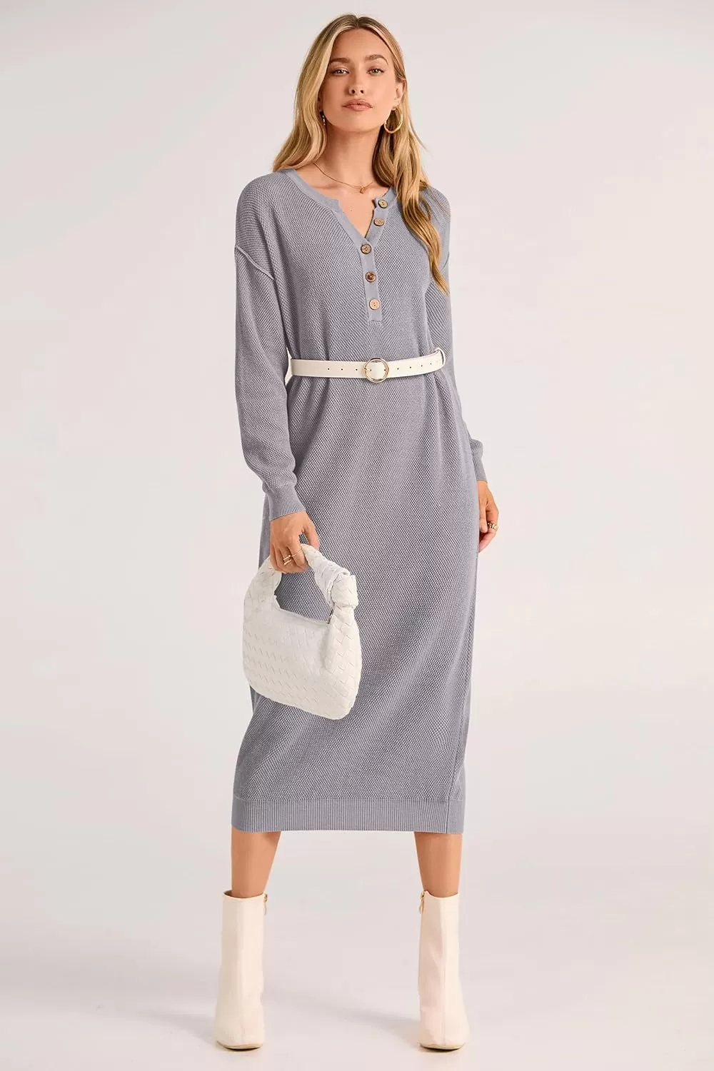 imagePRETTYGARDEN Womens 2024 Fall Knit Sweater Dress Long Sleeve Button V Neck Loose Casual Maxi DressesGrey
