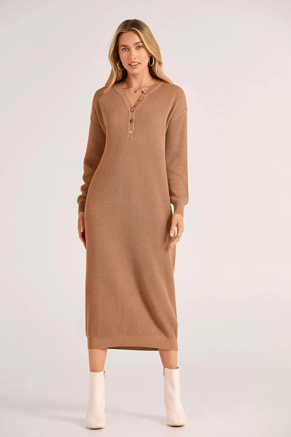 imagePRETTYGARDEN Womens 2024 Fall Knit Sweater Dress Long Sleeve Button V Neck Loose Casual Maxi DressesKhaki