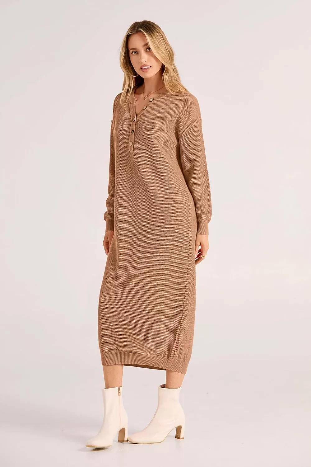 imagePRETTYGARDEN Womens 2024 Fall Knit Sweater Dress Long Sleeve Button V Neck Loose Casual Maxi DressesKhaki