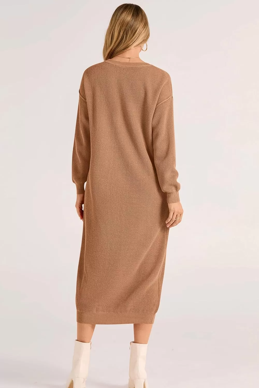 imagePRETTYGARDEN Womens 2024 Fall Knit Sweater Dress Long Sleeve Button V Neck Loose Casual Maxi DressesKhaki