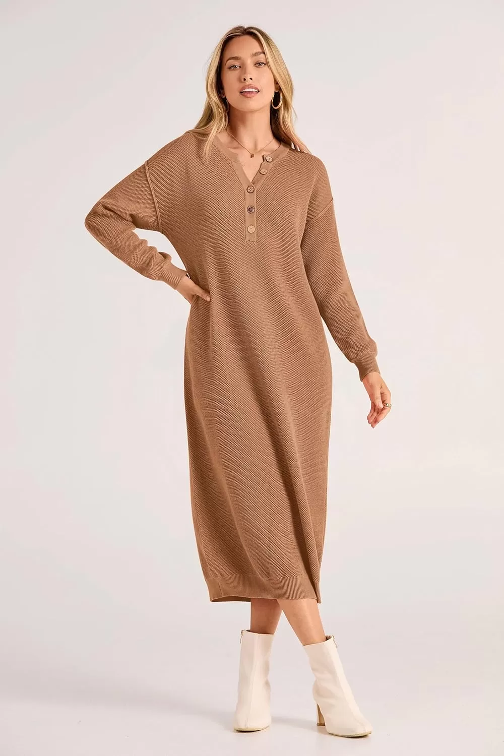 imagePRETTYGARDEN Womens 2024 Fall Knit Sweater Dress Long Sleeve Button V Neck Loose Casual Maxi DressesKhaki