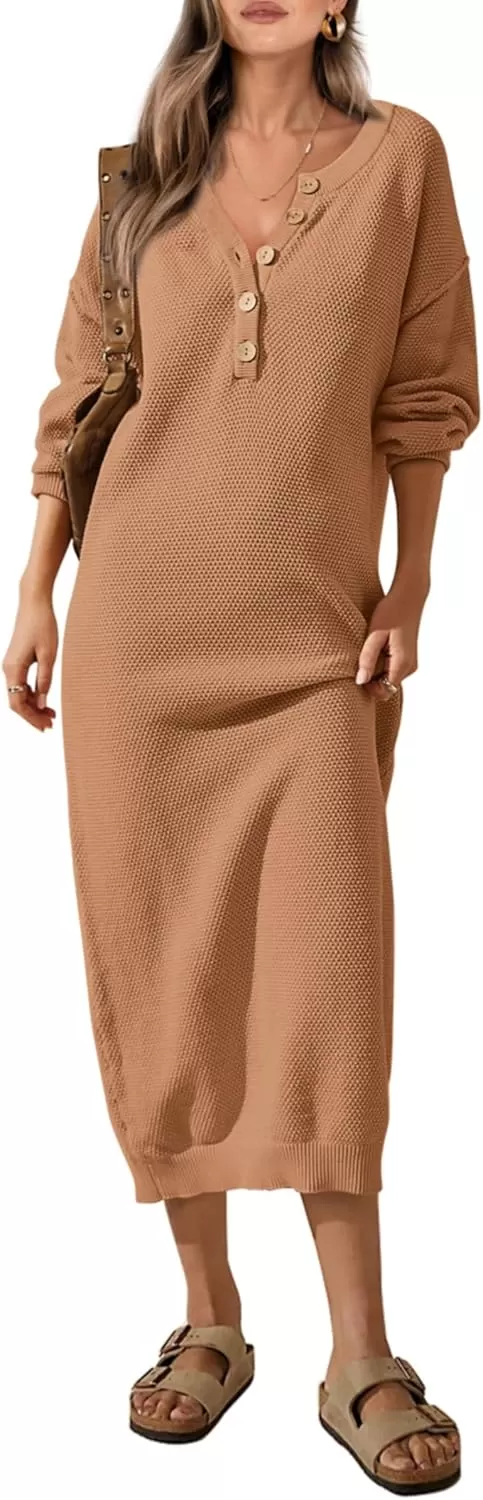 imagePRETTYGARDEN Womens 2024 Fall Knit Sweater Dress Long Sleeve Button V Neck Loose Casual Maxi DressesKhaki