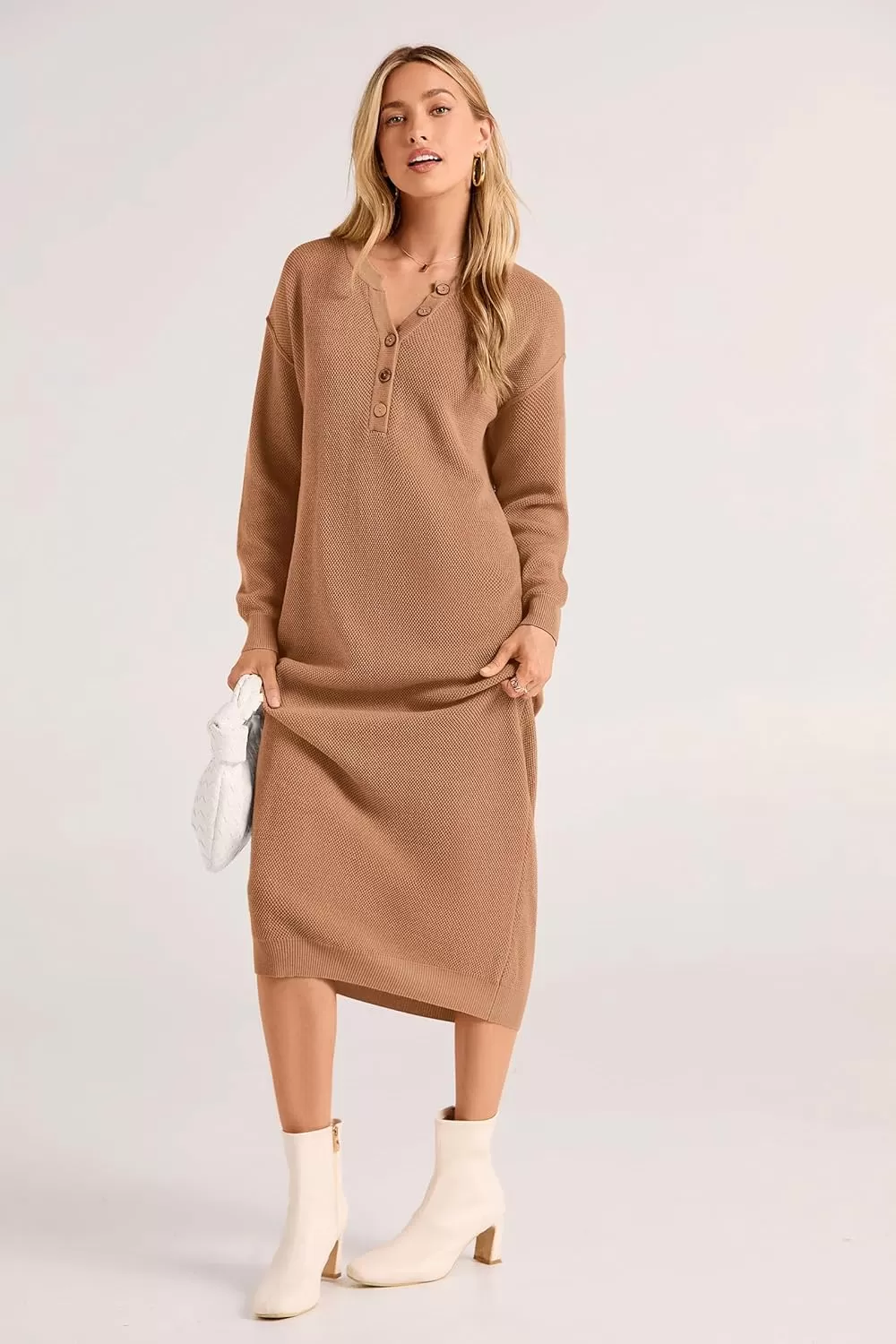 imagePRETTYGARDEN Womens 2024 Fall Knit Sweater Dress Long Sleeve Button V Neck Loose Casual Maxi DressesKhaki