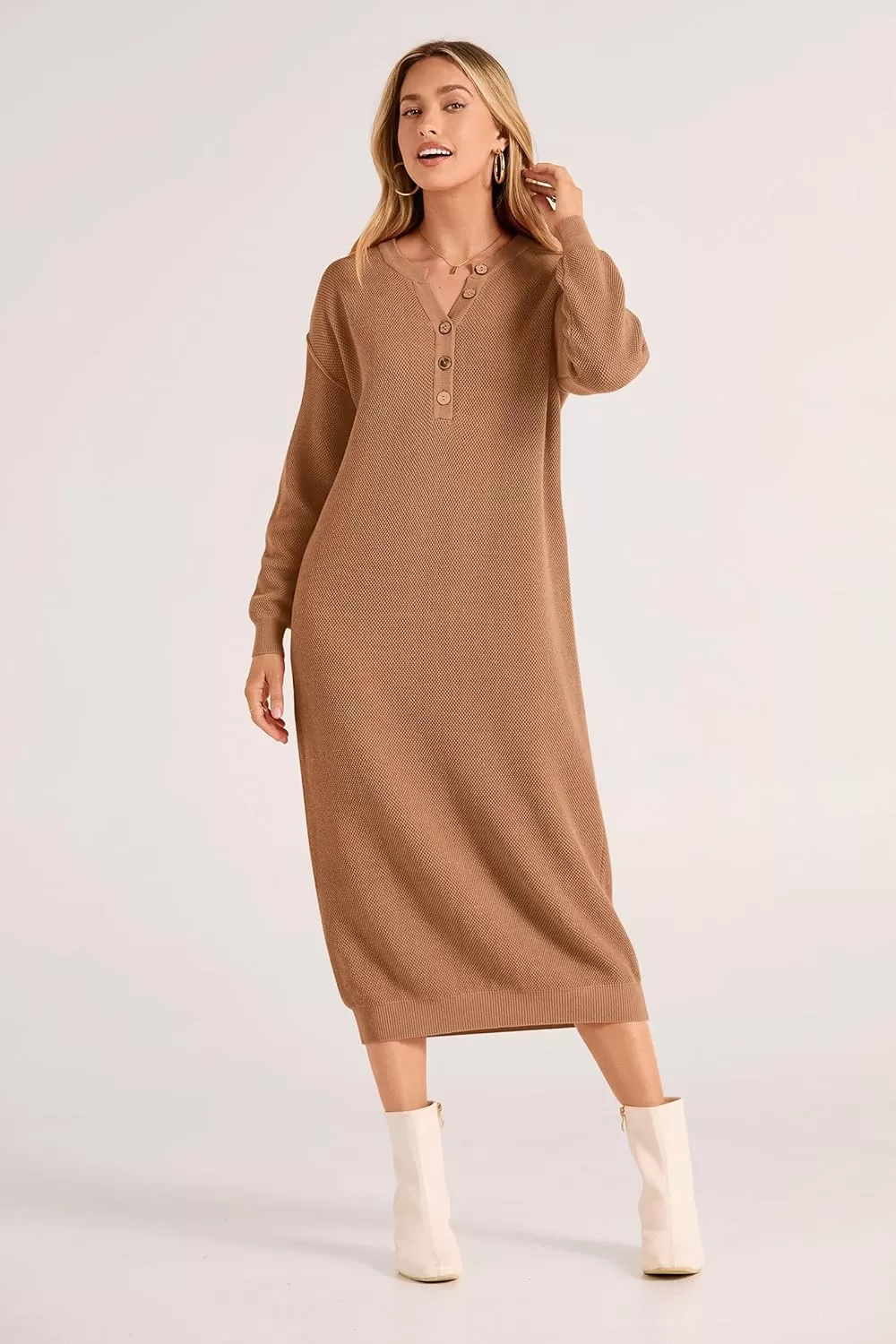 imagePRETTYGARDEN Womens 2024 Fall Knit Sweater Dress Long Sleeve Button V Neck Loose Casual Maxi DressesKhaki