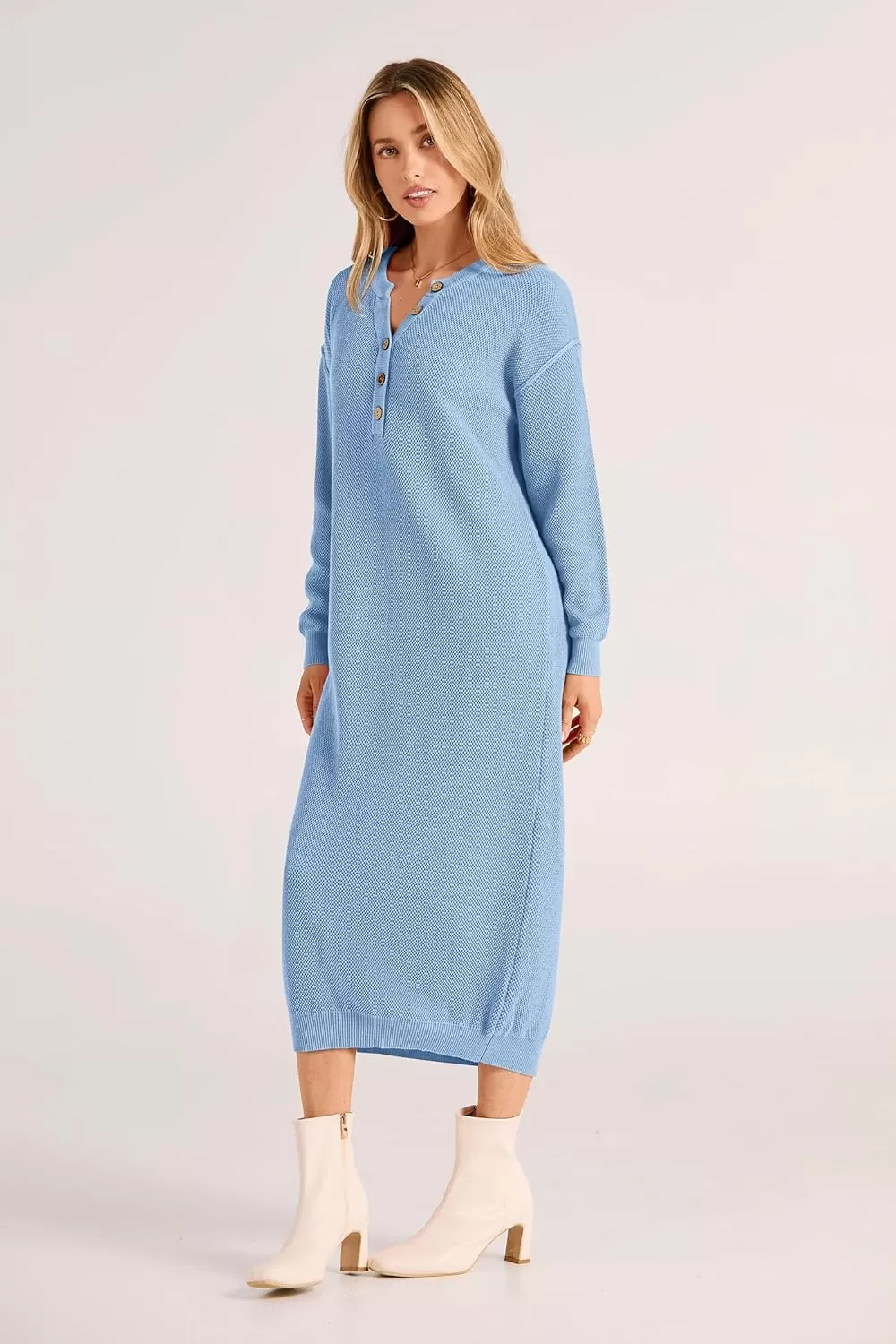 imagePRETTYGARDEN Womens 2024 Fall Knit Sweater Dress Long Sleeve Button V Neck Loose Casual Maxi DressesLight Blue