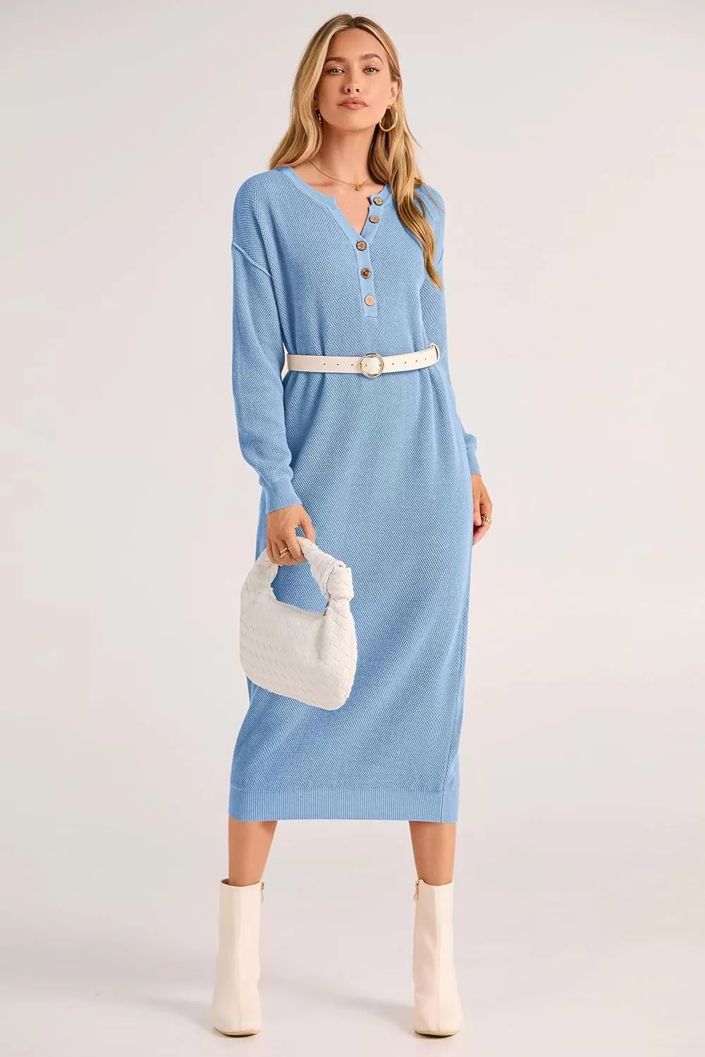 imagePRETTYGARDEN Womens 2024 Fall Knit Sweater Dress Long Sleeve Button V Neck Loose Casual Maxi DressesLight Blue