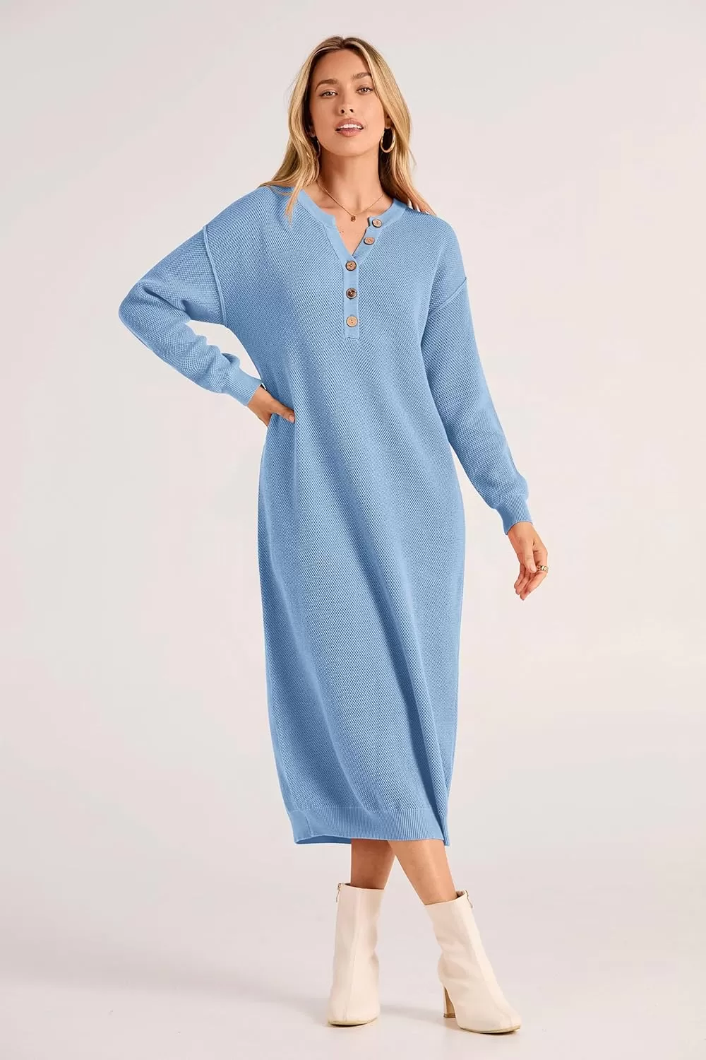 imagePRETTYGARDEN Womens 2024 Fall Knit Sweater Dress Long Sleeve Button V Neck Loose Casual Maxi DressesLight Blue