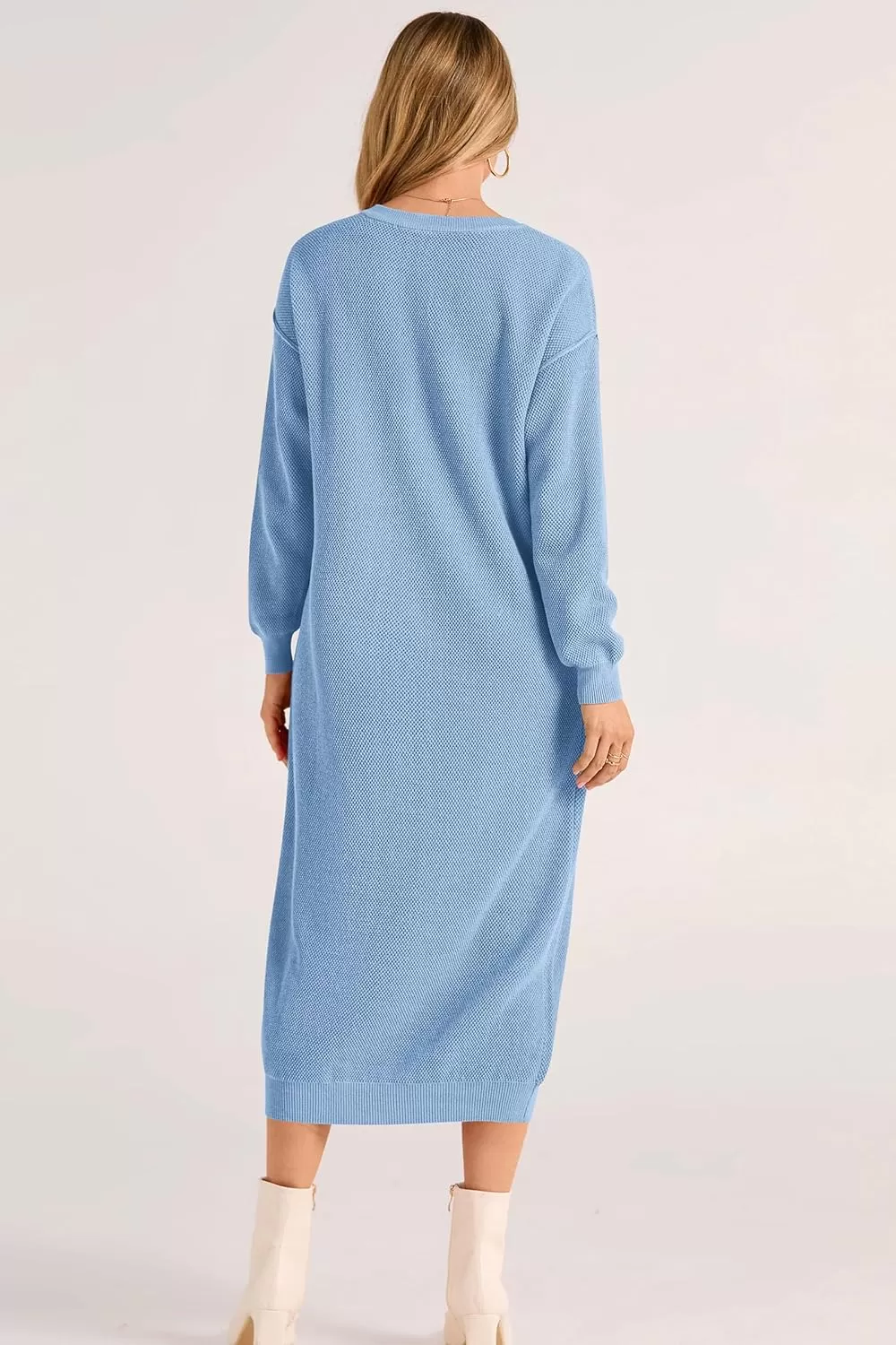 imagePRETTYGARDEN Womens 2024 Fall Knit Sweater Dress Long Sleeve Button V Neck Loose Casual Maxi DressesLight Blue