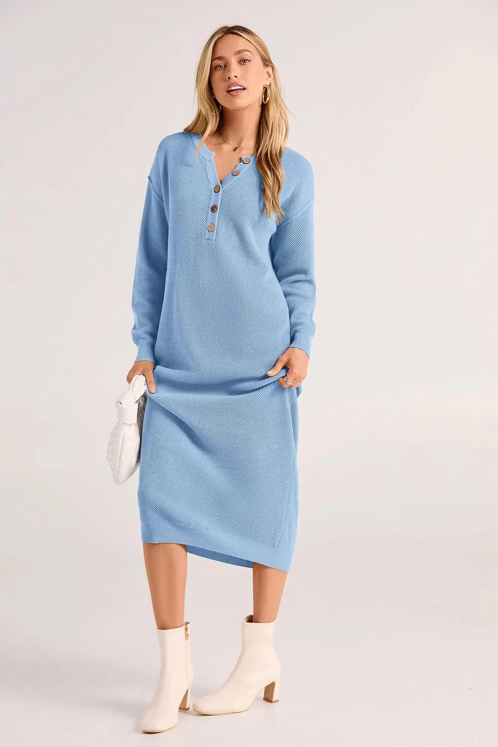 imagePRETTYGARDEN Womens 2024 Fall Knit Sweater Dress Long Sleeve Button V Neck Loose Casual Maxi DressesLight Blue