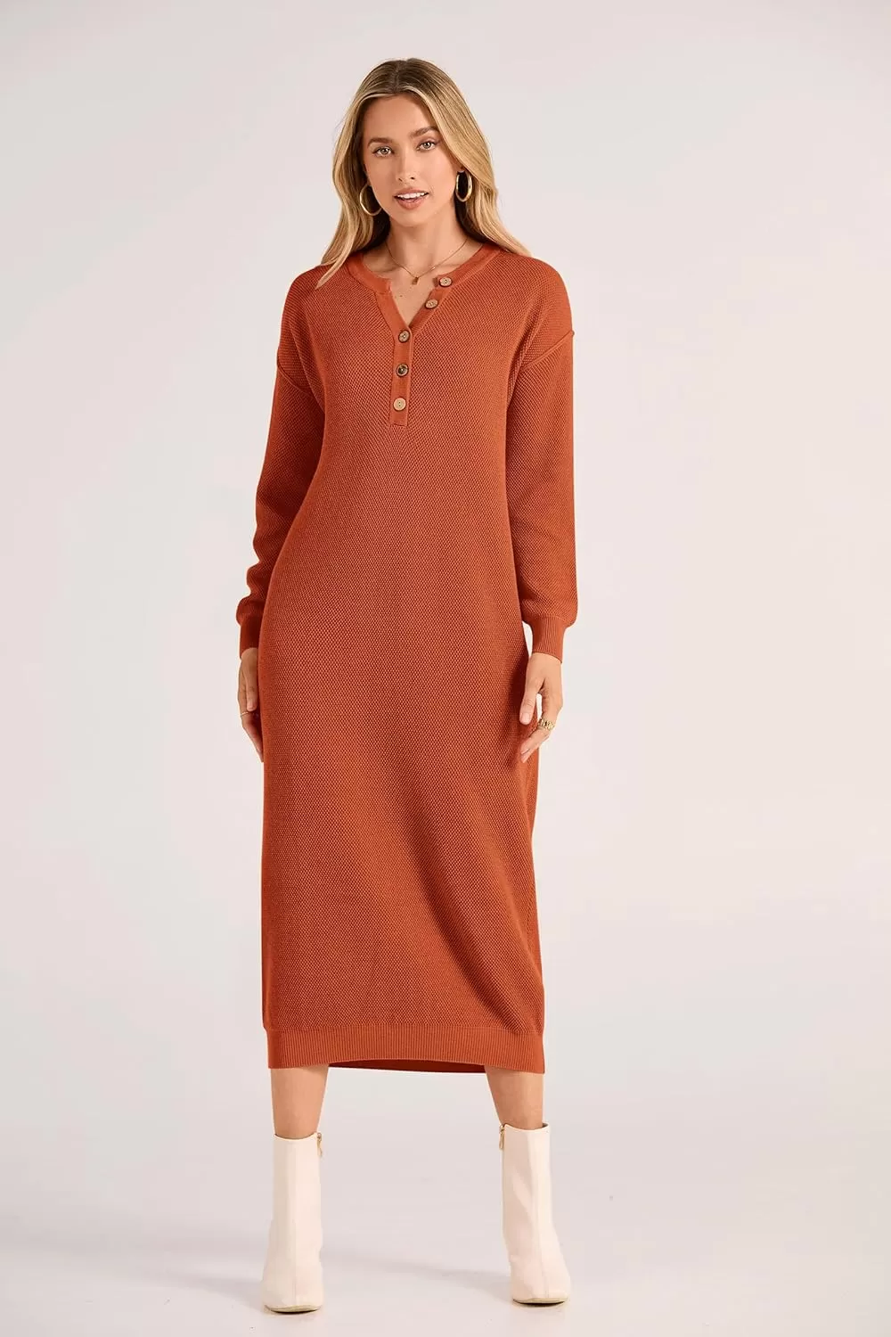 imagePRETTYGARDEN Womens 2024 Fall Knit Sweater Dress Long Sleeve Button V Neck Loose Casual Maxi DressesOrange