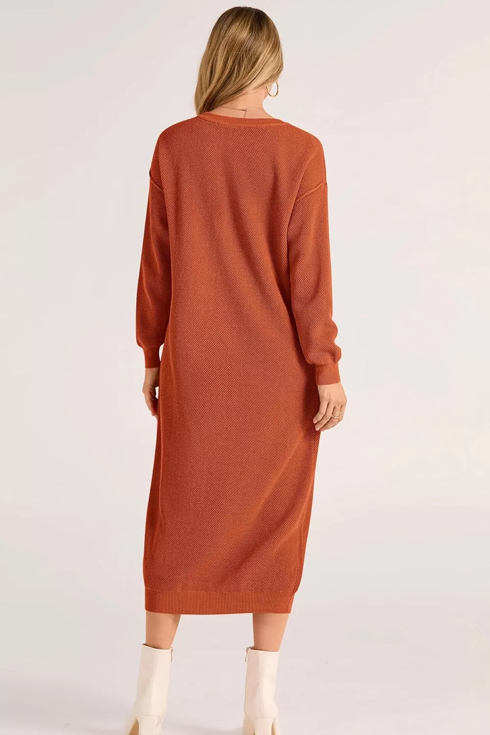 imagePRETTYGARDEN Womens 2024 Fall Knit Sweater Dress Long Sleeve Button V Neck Loose Casual Maxi DressesOrange