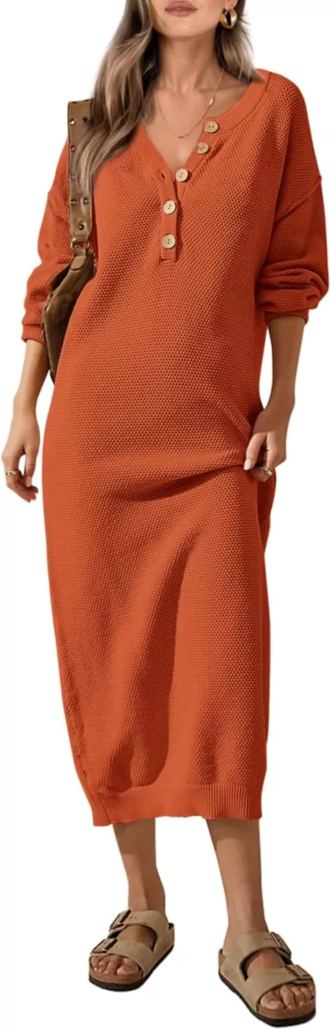 imagePRETTYGARDEN Womens 2024 Fall Knit Sweater Dress Long Sleeve Button V Neck Loose Casual Maxi DressesOrange