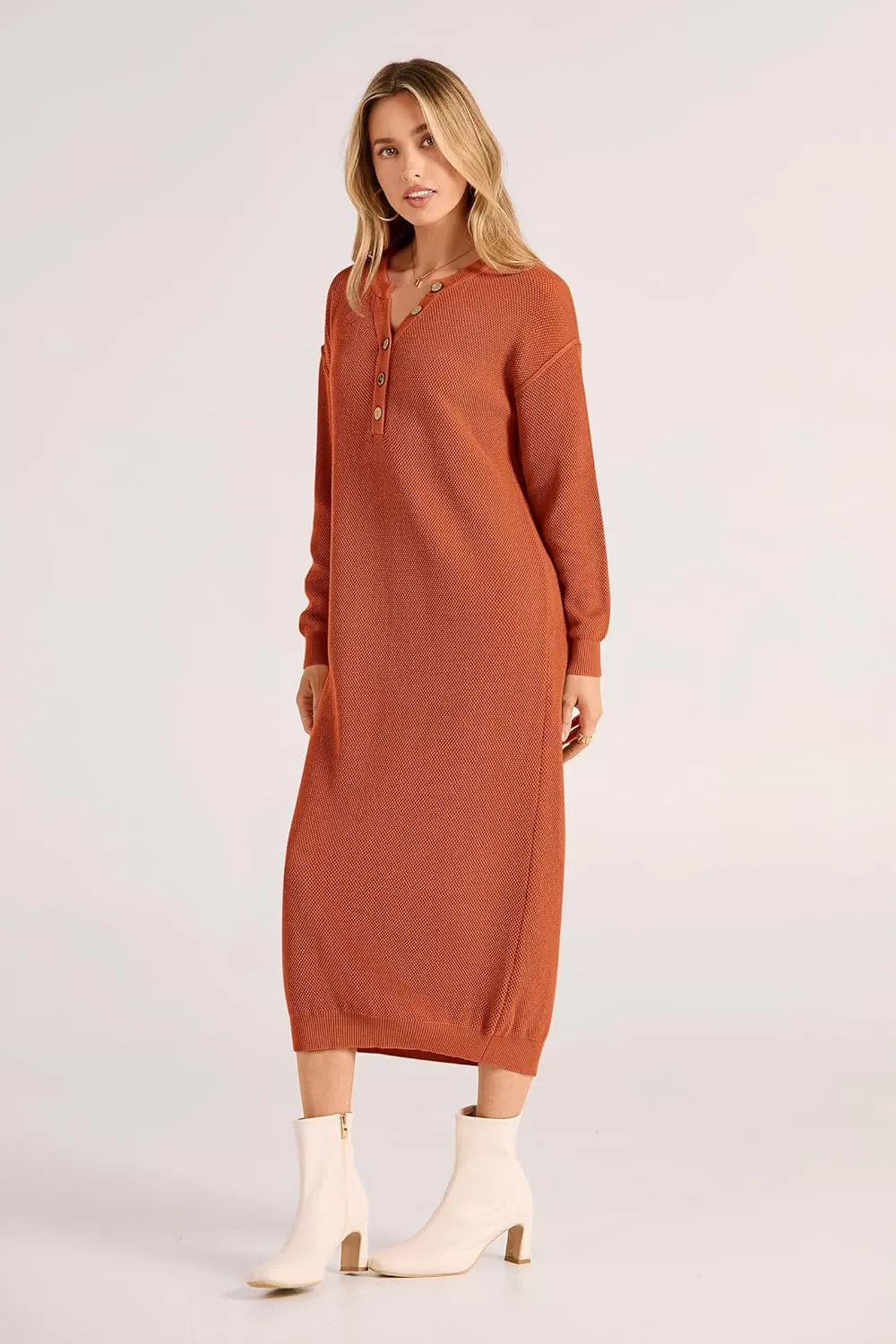 imagePRETTYGARDEN Womens 2024 Fall Knit Sweater Dress Long Sleeve Button V Neck Loose Casual Maxi DressesOrange