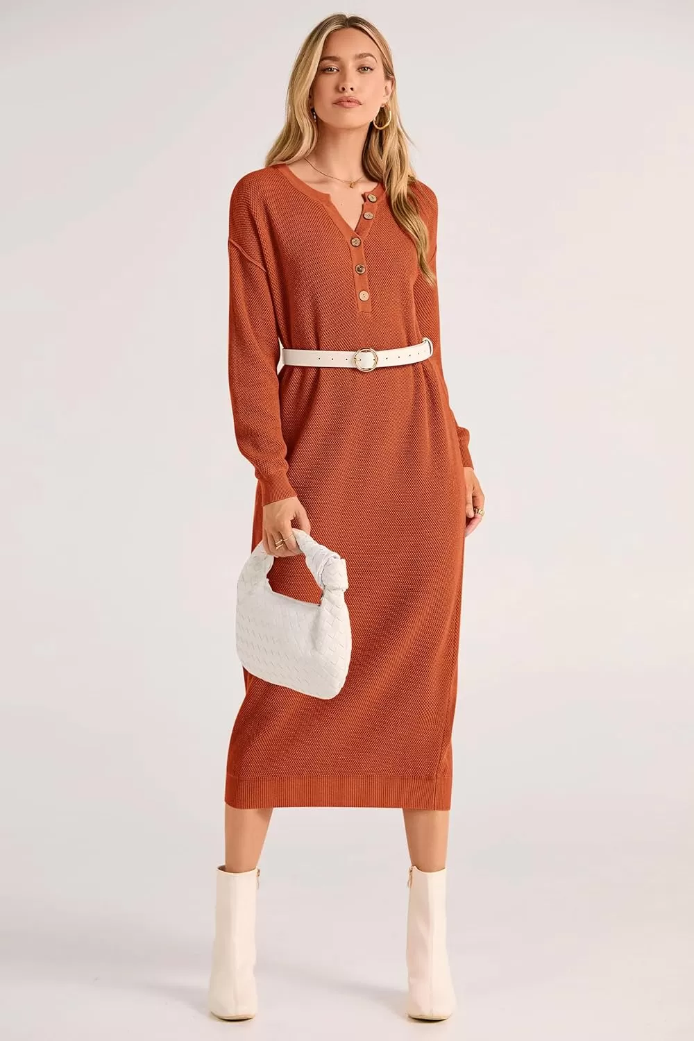 imagePRETTYGARDEN Womens 2024 Fall Knit Sweater Dress Long Sleeve Button V Neck Loose Casual Maxi DressesOrange