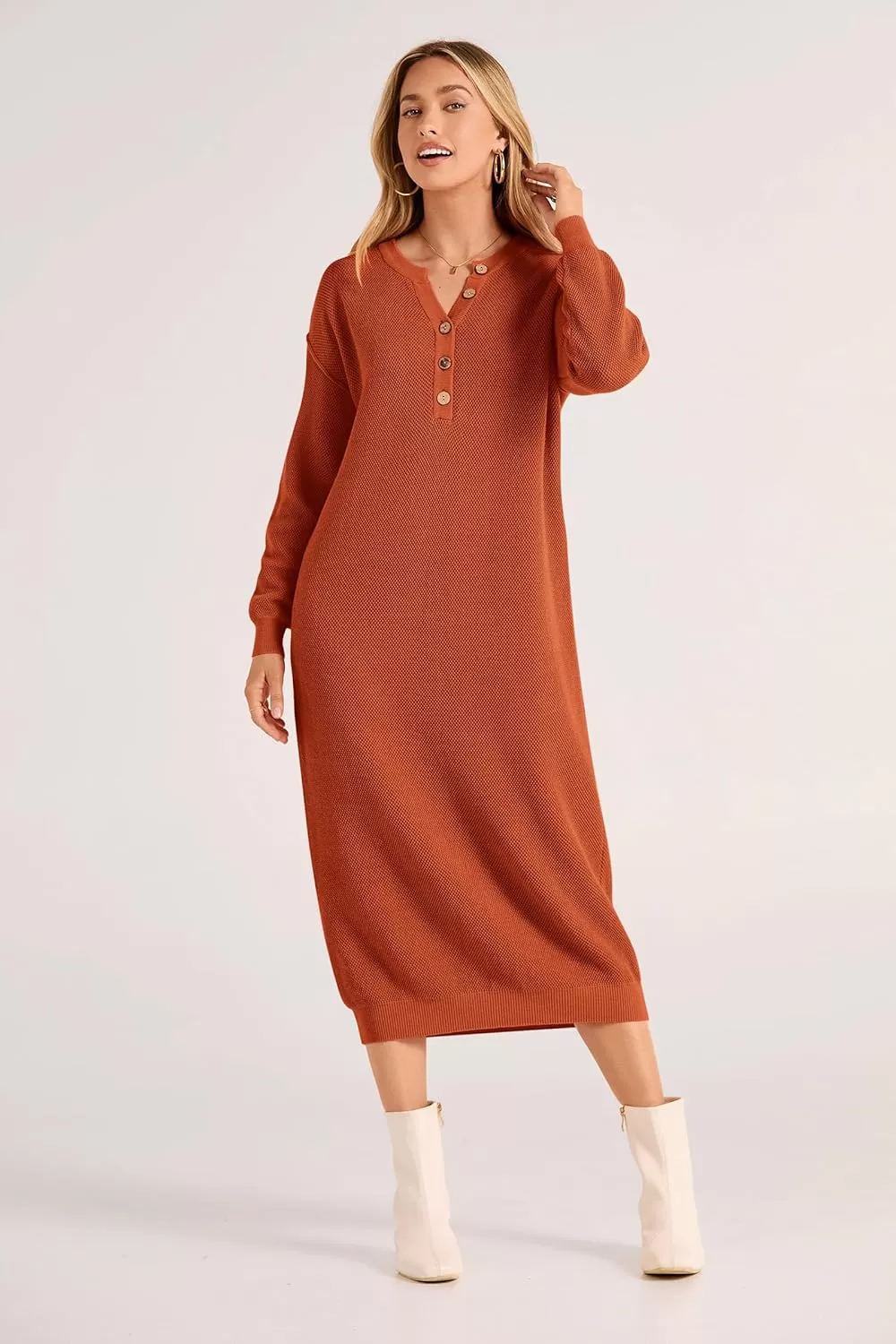 imagePRETTYGARDEN Womens 2024 Fall Knit Sweater Dress Long Sleeve Button V Neck Loose Casual Maxi DressesOrange