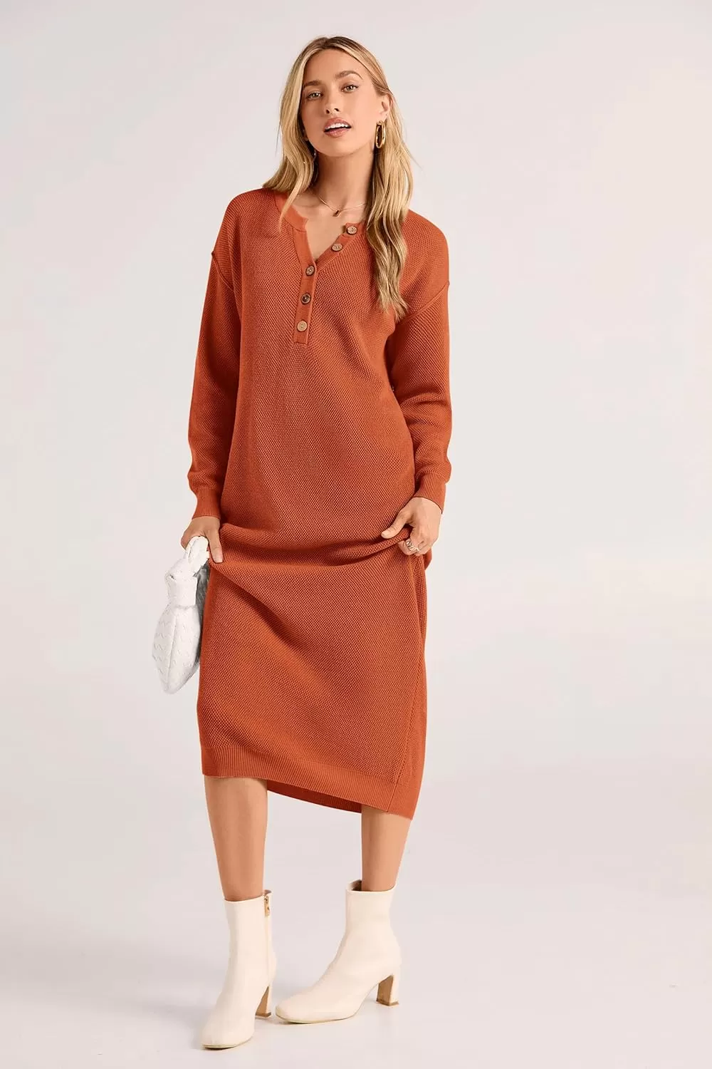 imagePRETTYGARDEN Womens 2024 Fall Knit Sweater Dress Long Sleeve Button V Neck Loose Casual Maxi DressesOrange