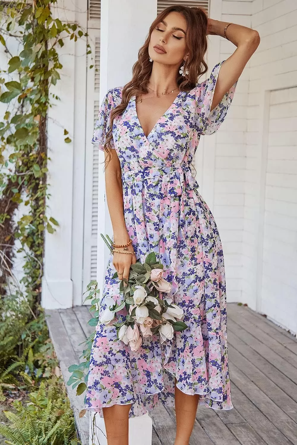 imagePRETTYGARDEN Womens 2024 Floral Boho Dress Wrap V Neck Short Sleeve Belted Ruffle Hem ALine Flowy Maxi DressesApricot Floral