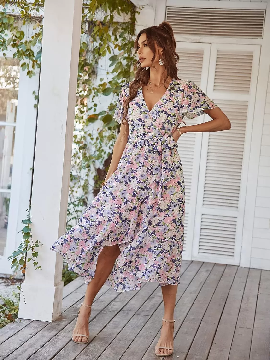 imagePRETTYGARDEN Womens 2024 Floral Boho Dress Wrap V Neck Short Sleeve Belted Ruffle Hem ALine Flowy Maxi DressesApricot Floral