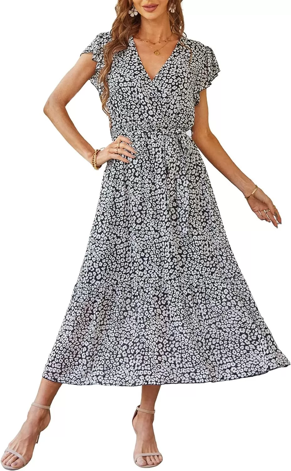 imagePRETTYGARDEN Womens 2024 Floral Boho Dress Wrap V Neck Short Sleeve Belted Ruffle Hem ALine Flowy Maxi DressesBlack