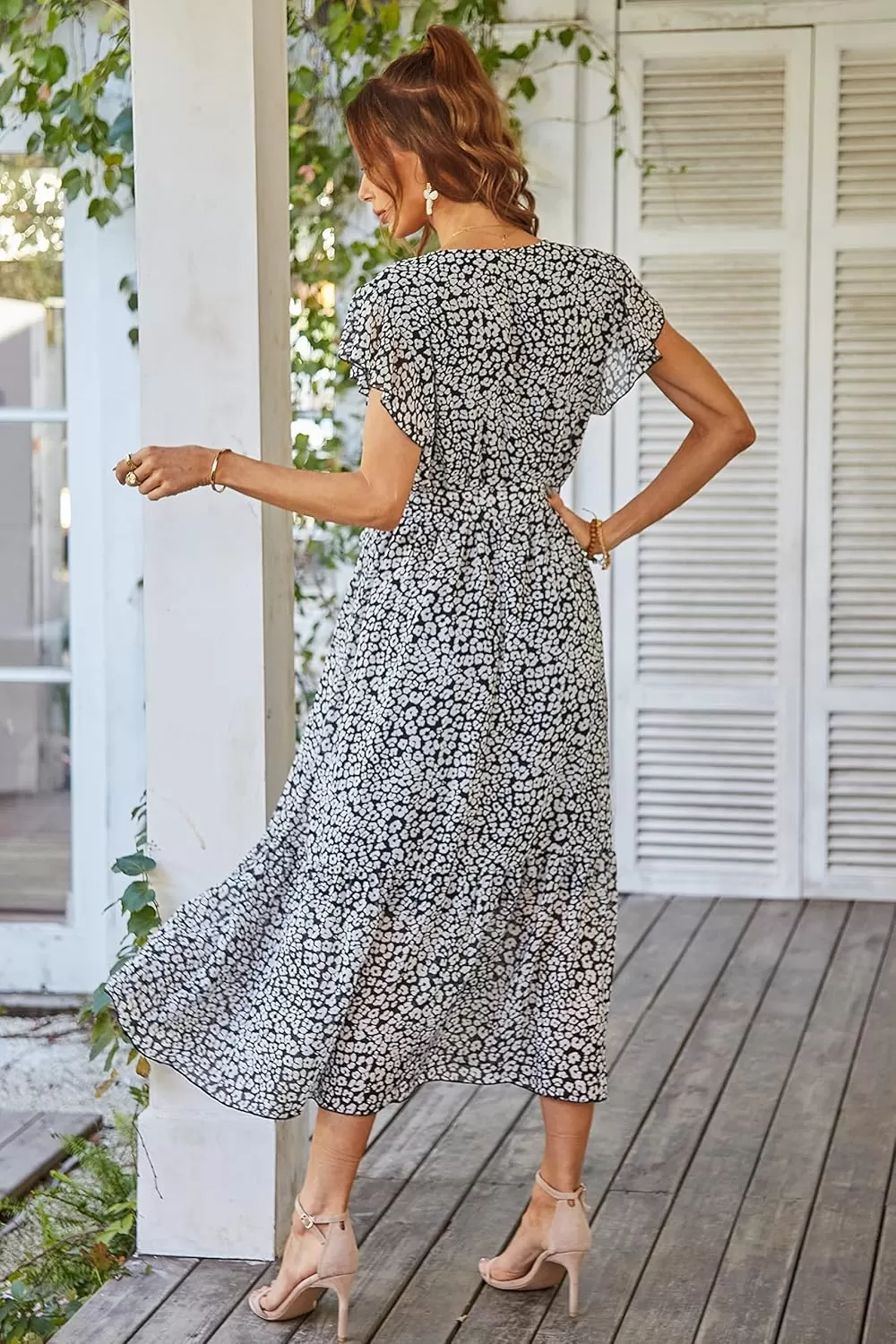 imagePRETTYGARDEN Womens 2024 Floral Boho Dress Wrap V Neck Short Sleeve Belted Ruffle Hem ALine Flowy Maxi DressesBlack