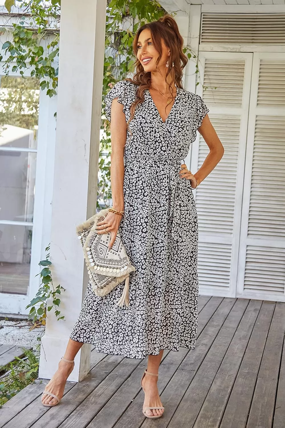 imagePRETTYGARDEN Womens 2024 Floral Boho Dress Wrap V Neck Short Sleeve Belted Ruffle Hem ALine Flowy Maxi DressesBlack