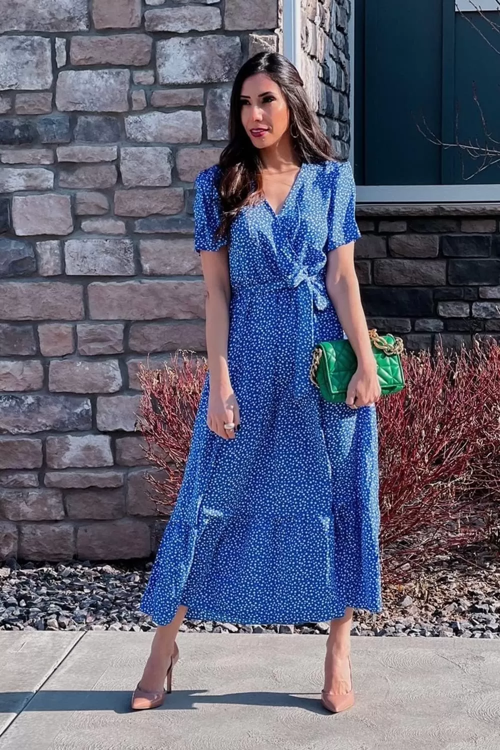 imagePRETTYGARDEN Womens 2024 Floral Boho Dress Wrap V Neck Short Sleeve Belted Ruffle Hem ALine Flowy Maxi DressesBlue Floral