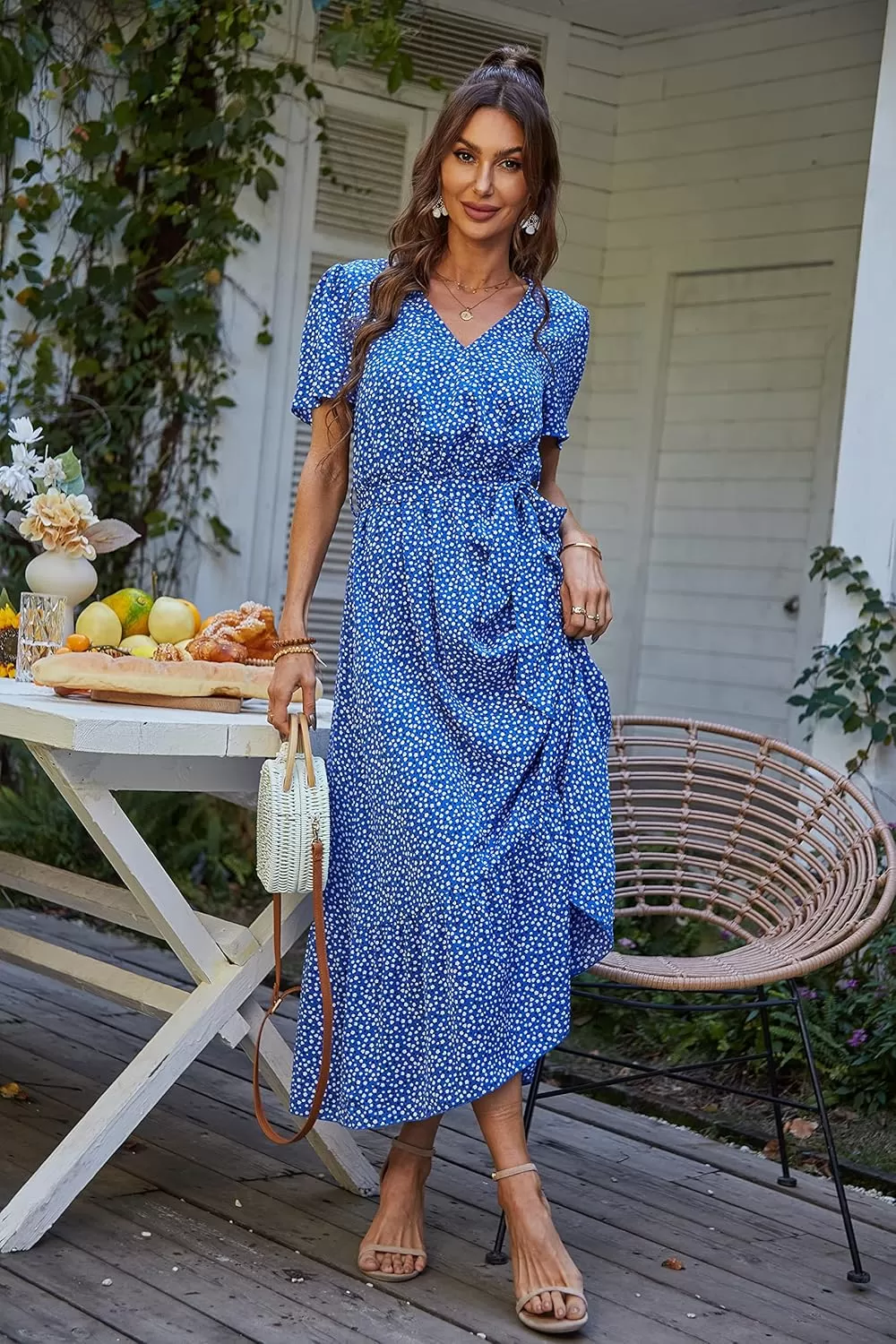 imagePRETTYGARDEN Womens 2024 Floral Boho Dress Wrap V Neck Short Sleeve Belted Ruffle Hem ALine Flowy Maxi DressesBlue Floral