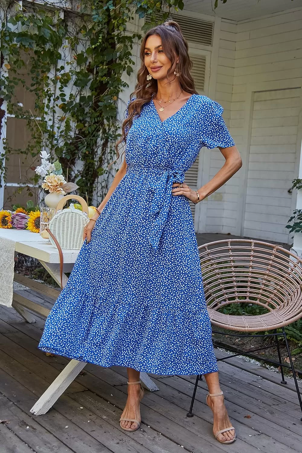 imagePRETTYGARDEN Womens 2024 Floral Boho Dress Wrap V Neck Short Sleeve Belted Ruffle Hem ALine Flowy Maxi DressesBlue Floral