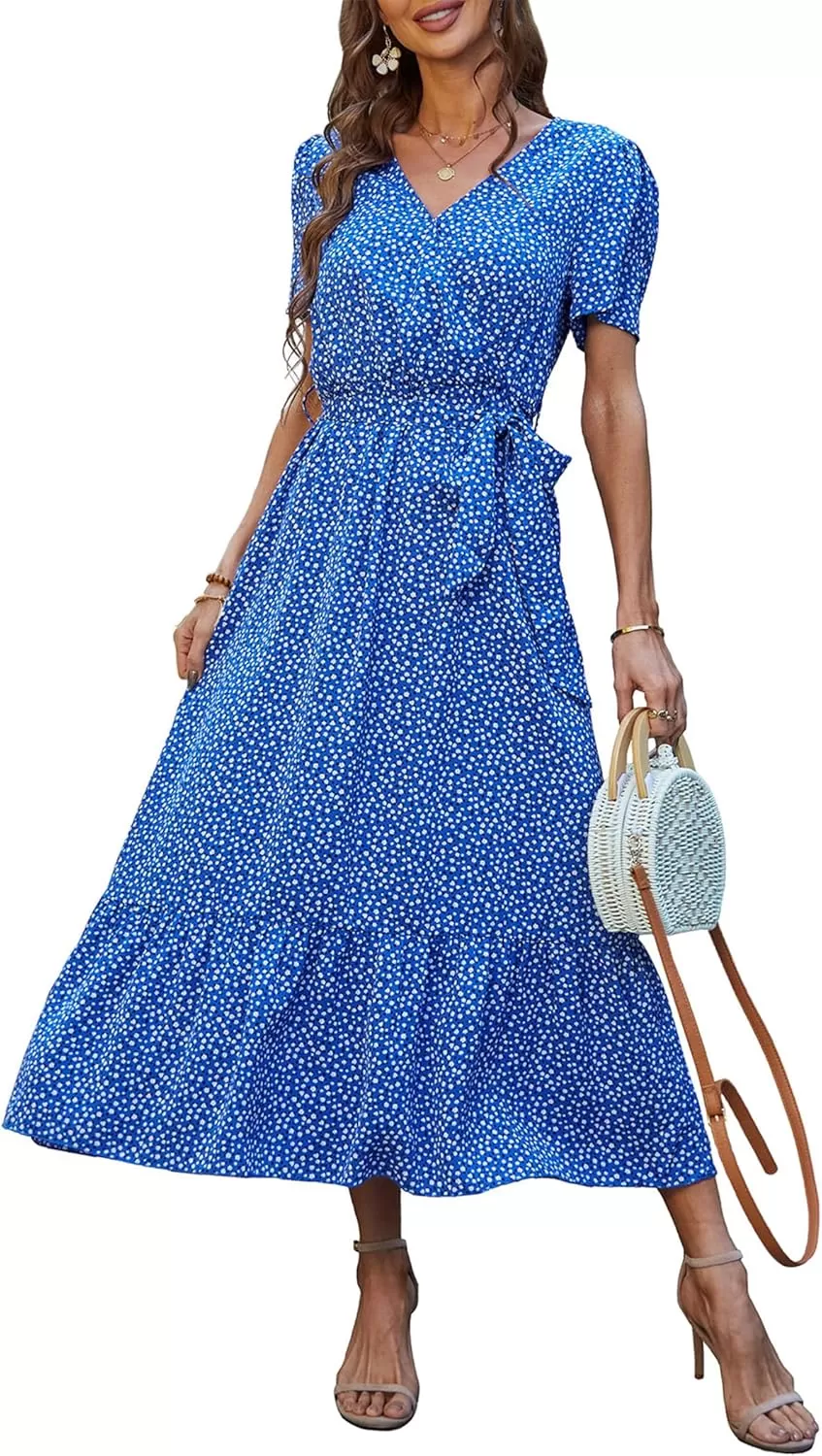 imagePRETTYGARDEN Womens 2024 Floral Boho Dress Wrap V Neck Short Sleeve Belted Ruffle Hem ALine Flowy Maxi DressesBlue Floral