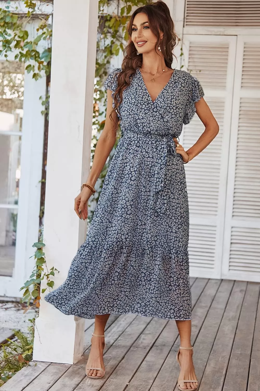 imagePRETTYGARDEN Womens 2024 Floral Boho Dress Wrap V Neck Short Sleeve Belted Ruffle Hem ALine Flowy Maxi DressesBlue01