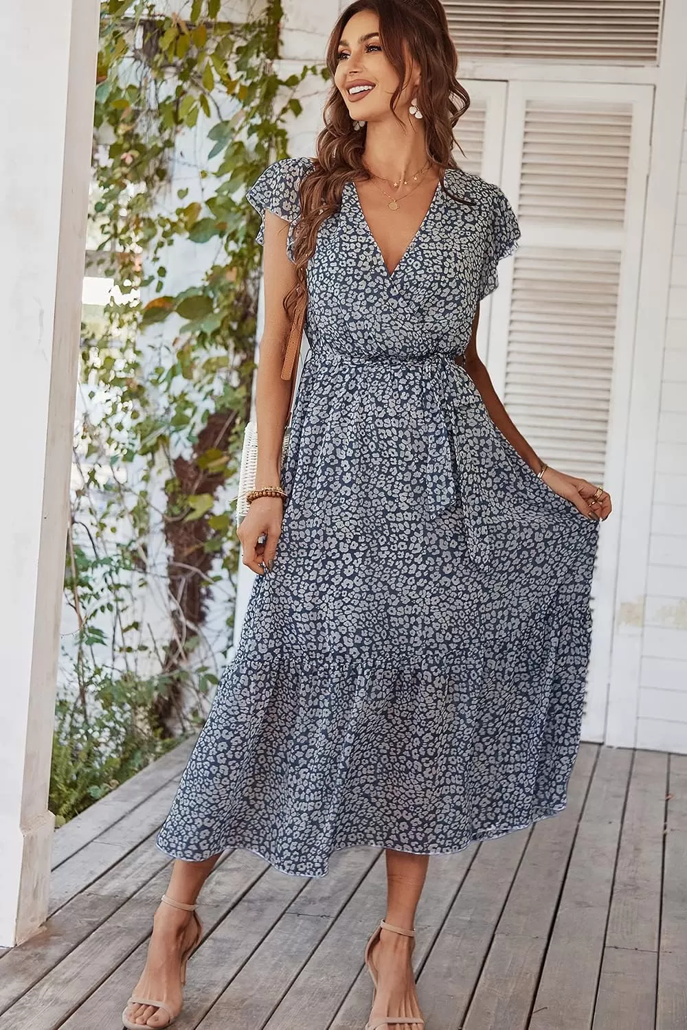 imagePRETTYGARDEN Womens 2024 Floral Boho Dress Wrap V Neck Short Sleeve Belted Ruffle Hem ALine Flowy Maxi DressesBlue01