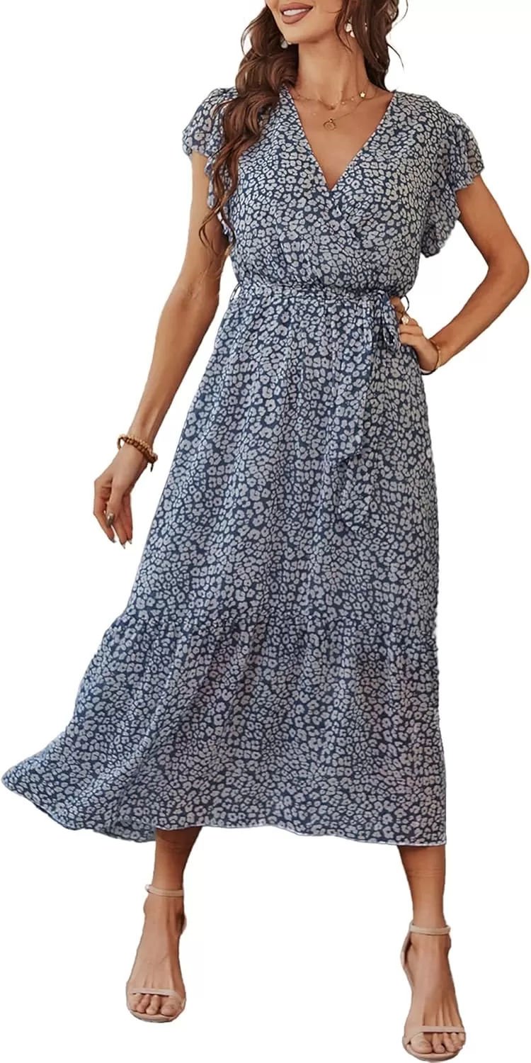imagePRETTYGARDEN Womens 2024 Floral Boho Dress Wrap V Neck Short Sleeve Belted Ruffle Hem ALine Flowy Maxi DressesBlue01